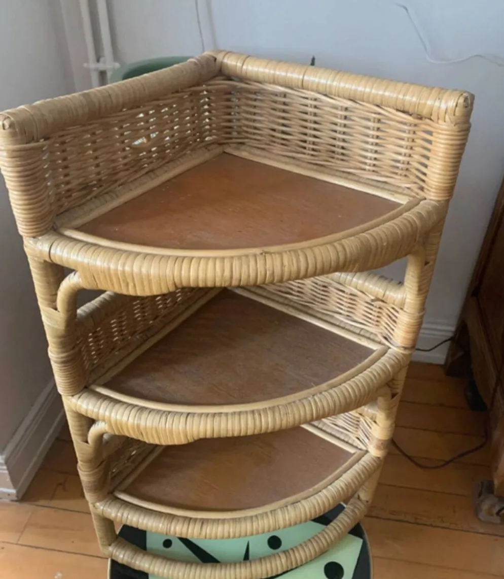 Étagère d'angle murale vintage en rotin, bambou et osier – 3 niveaux