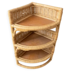 Étagère d'angle murale vintage en rotin, bambou et osier – 3 niveaux