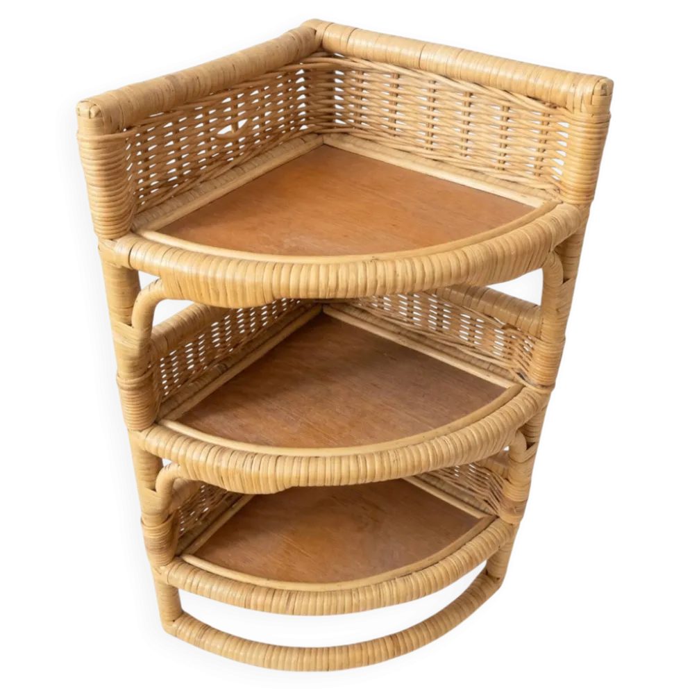 Étagère d'angle murale vintage en rotin, bambou et osier – 3 niveaux