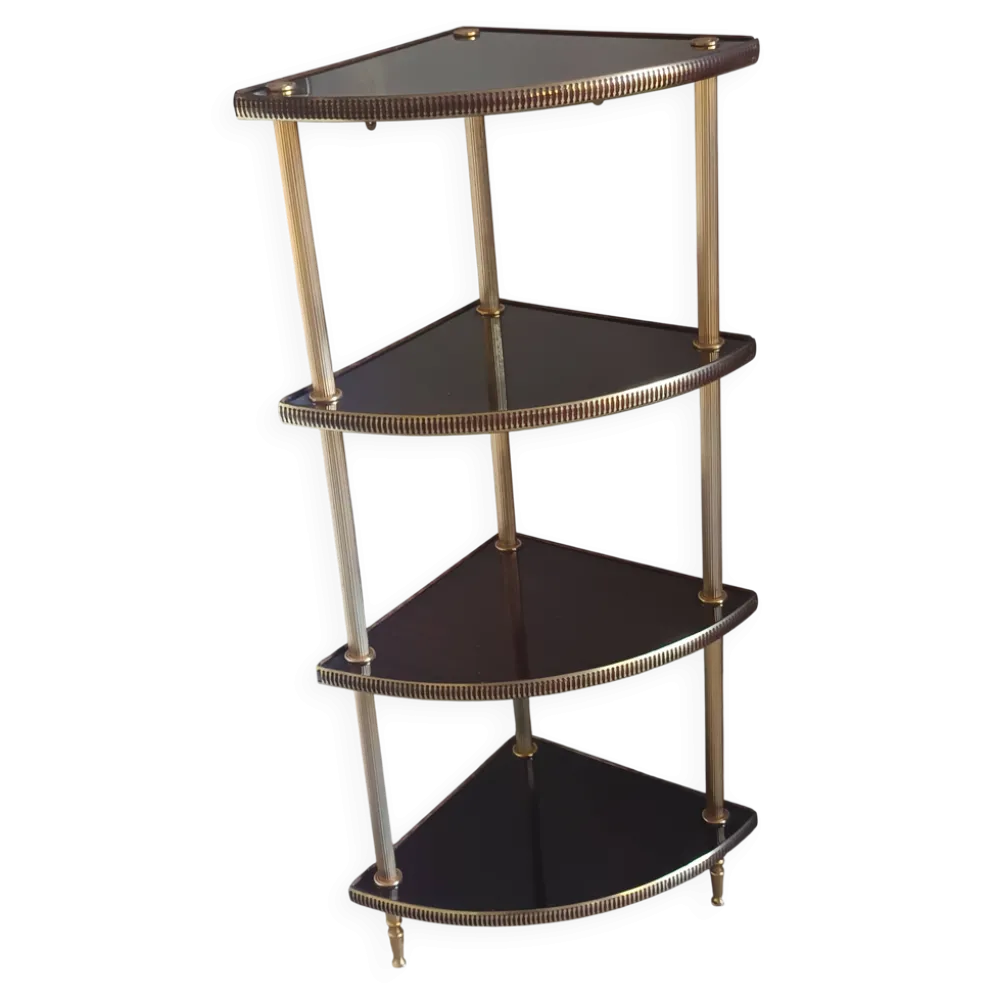 Étagère d’angle vintage 4 niveaux en bois et laiton