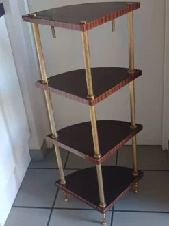 Étagère d’angle vintage 4 niveaux en bois et laiton