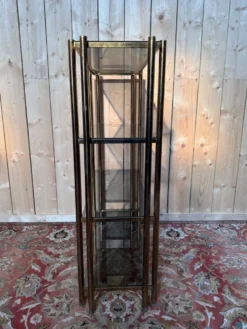 Étagère Design Années 1970 – Armature Tubulaire Laiton et Verre Fumé