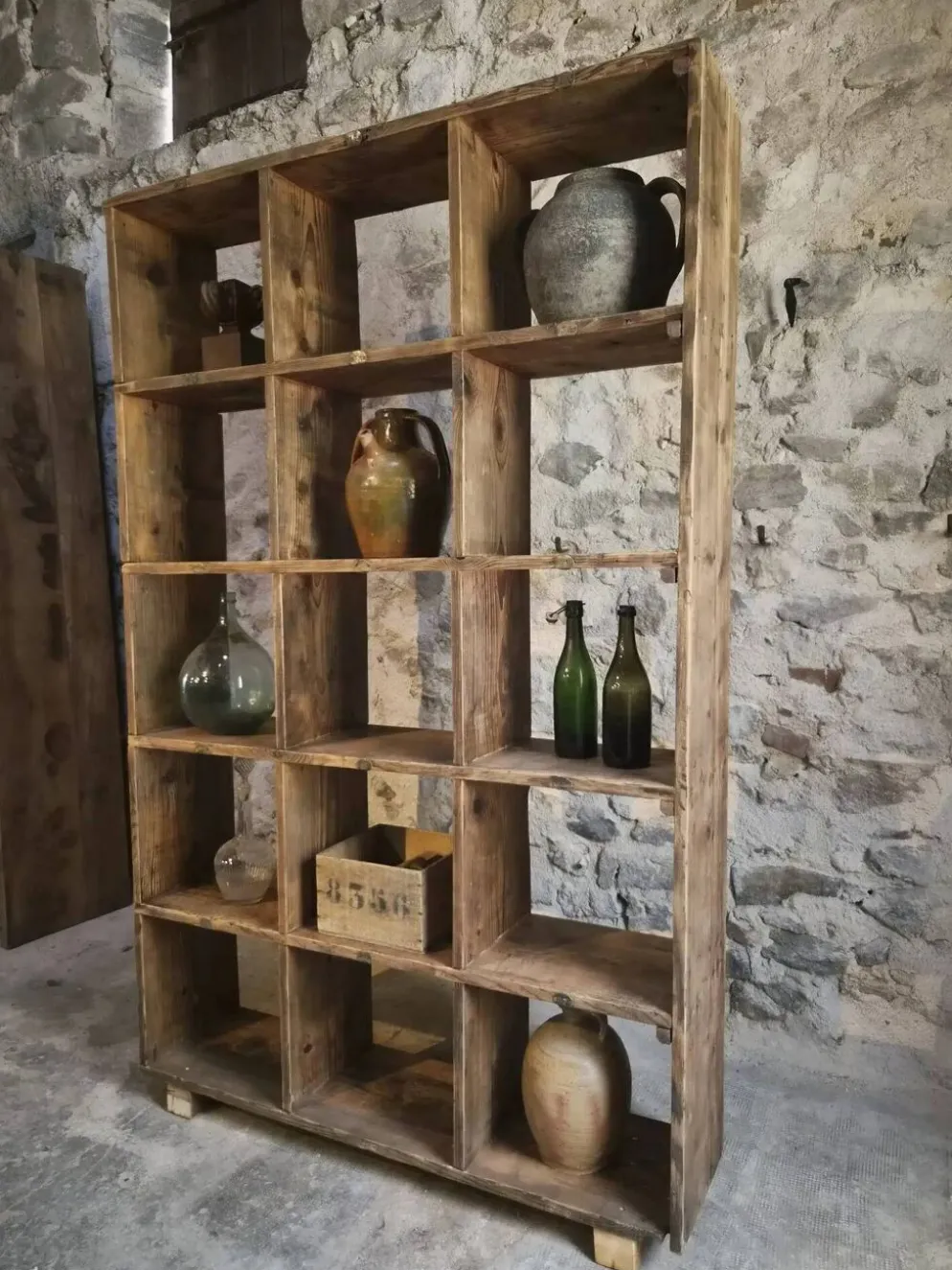 Étagère industrielle ancienne / séparateur de pièce en pin, France, début du 20ème siècle