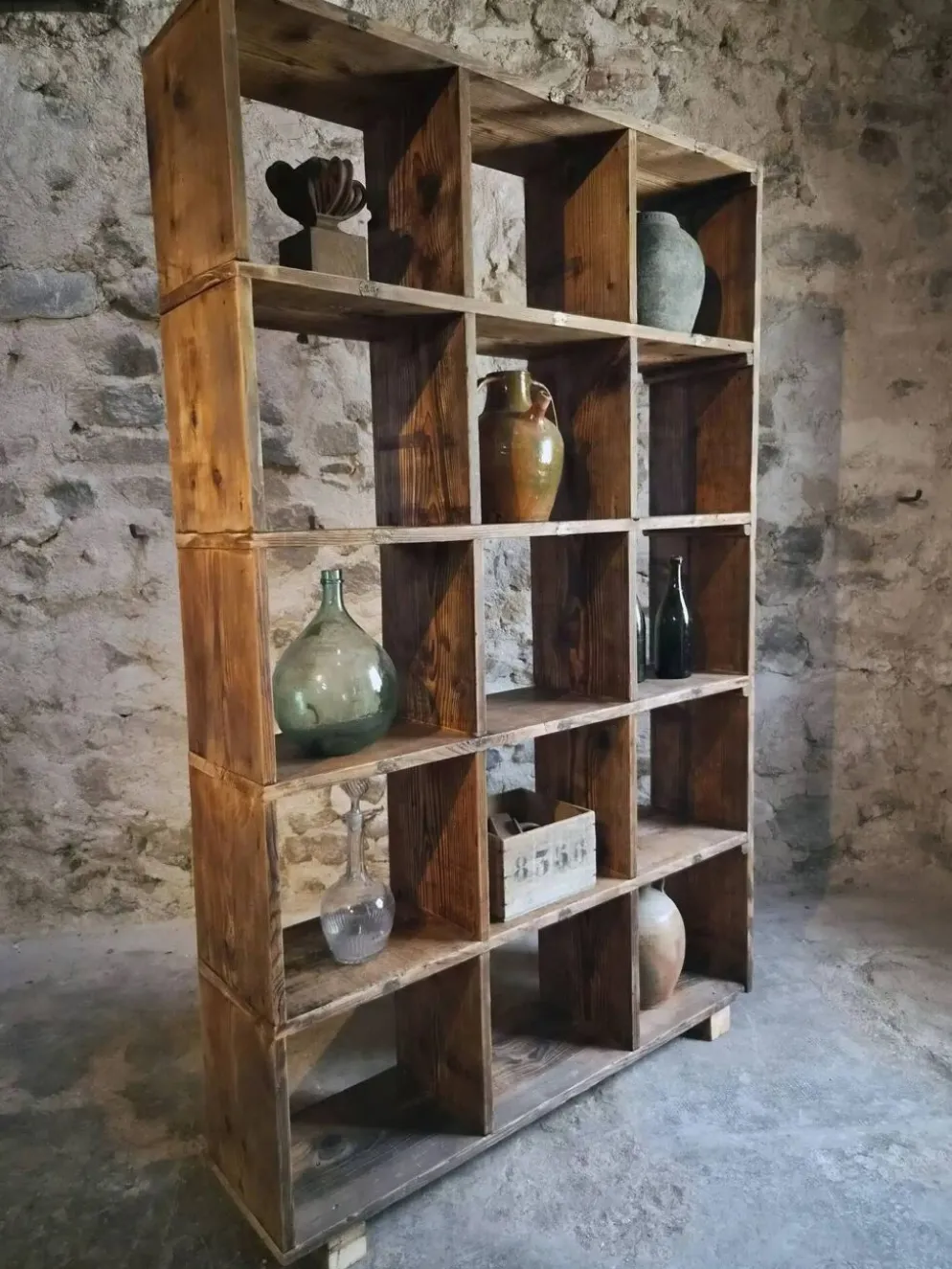 Étagère industrielle ancienne / séparateur de pièce en pin, France, début du 20ème siècle
