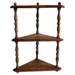 Étagère murale d’angle vintage bois à 3 niveaux – Montants en bois tourné