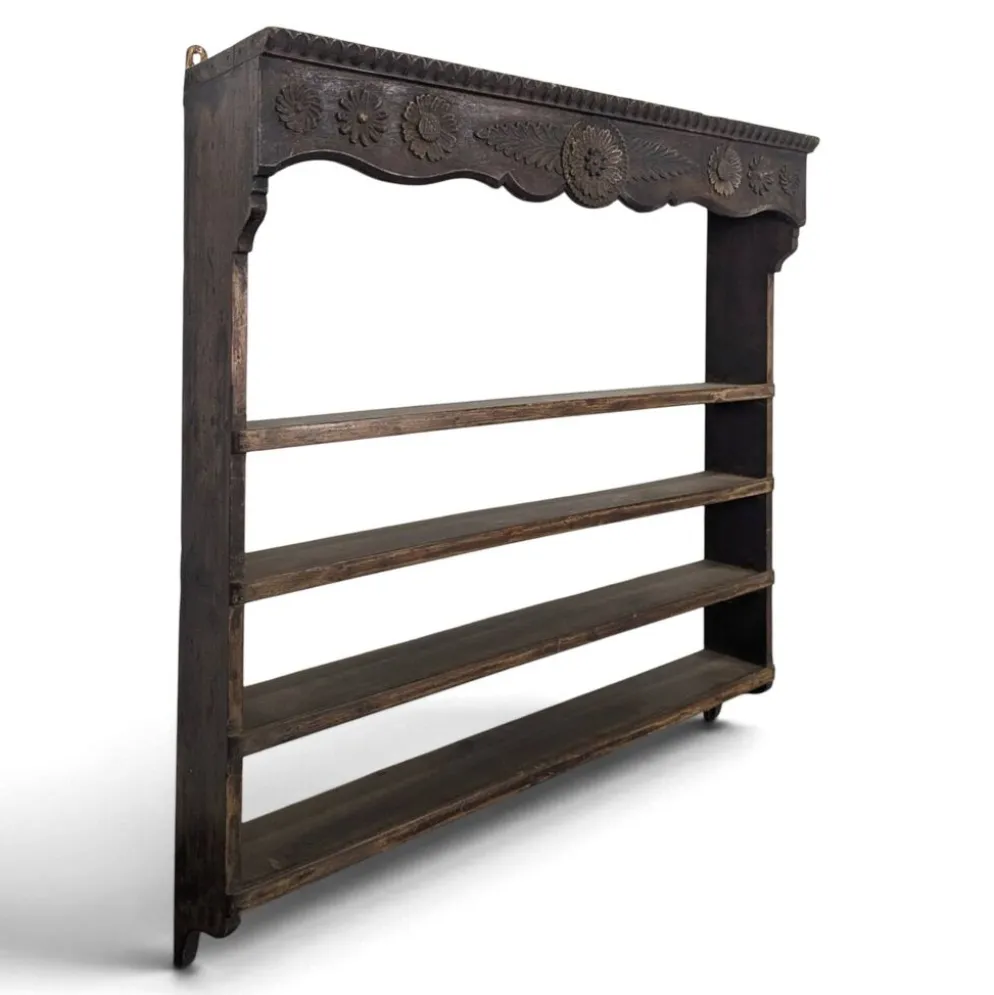 Étagère murale égouttoir en chêne sculpté de fleurs