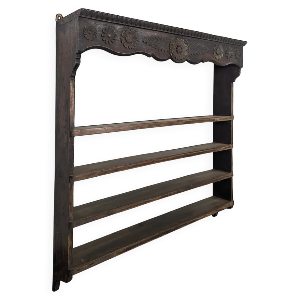 Étagère murale égouttoir en chêne sculpté de fleurs