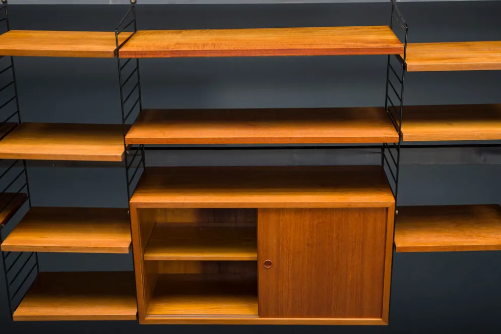 Étagère murale modulaire en teck par Nils Strinning pour corde, années 1960, ensemble de 29