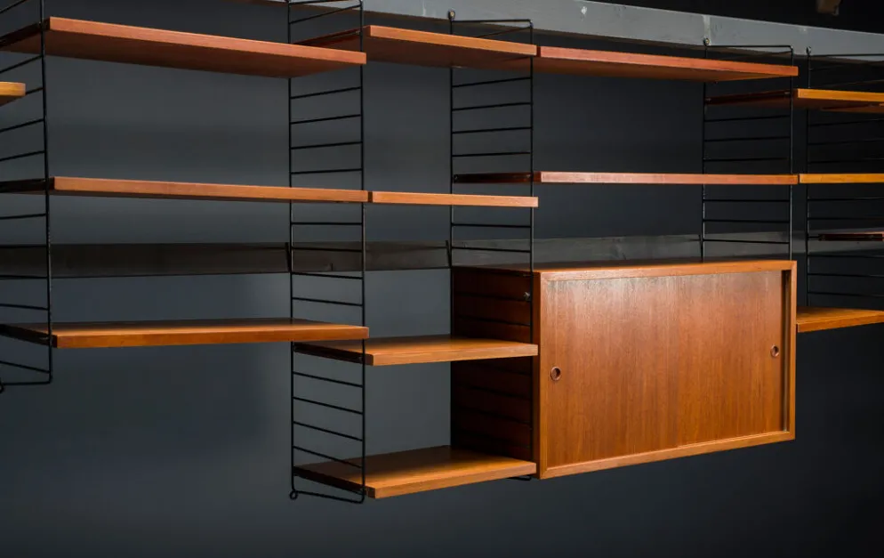 Étagère murale modulaire en teck par Nils Strinning pour corde, années 1960, ensemble de 29