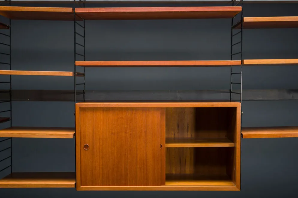 Étagère murale modulaire en teck par Nils Strinning pour corde, années 1960, ensemble de 29