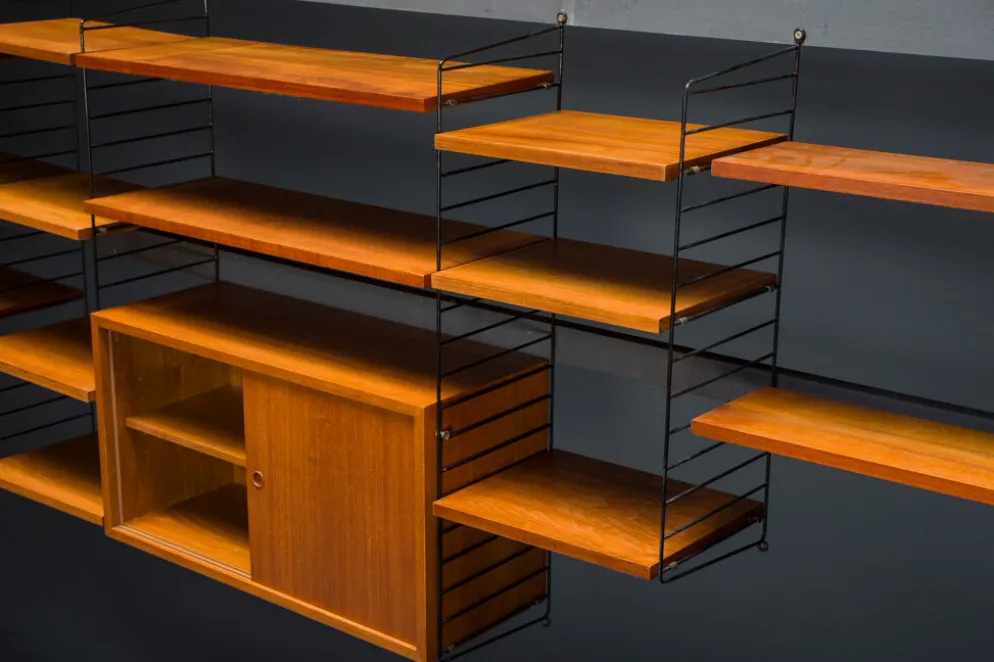 Étagère murale modulaire en teck par Nils Strinning pour corde, années 1960, ensemble de 29