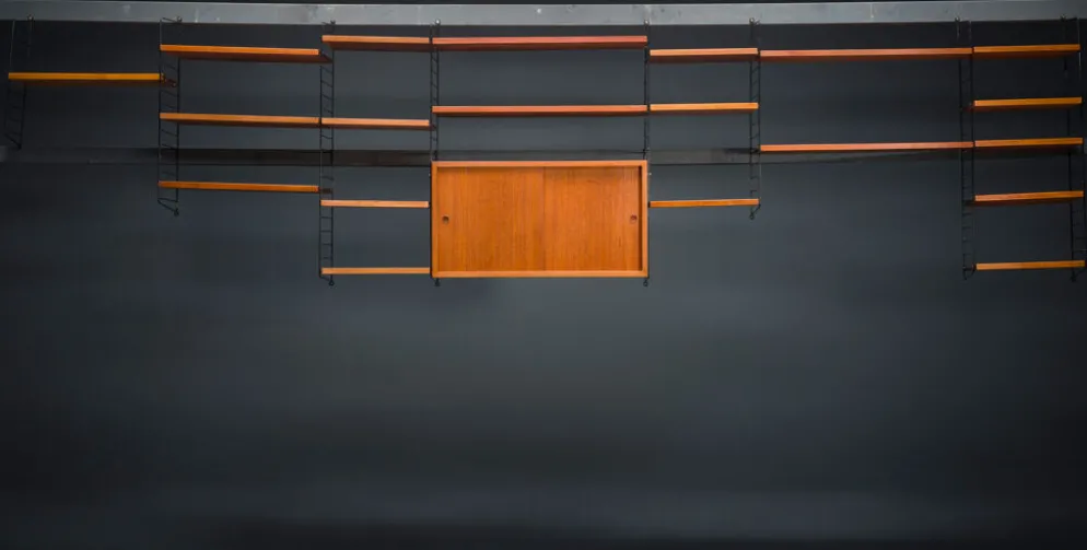 Étagère murale modulaire en teck par Nils Strinning pour corde, années 1960, ensemble de 29