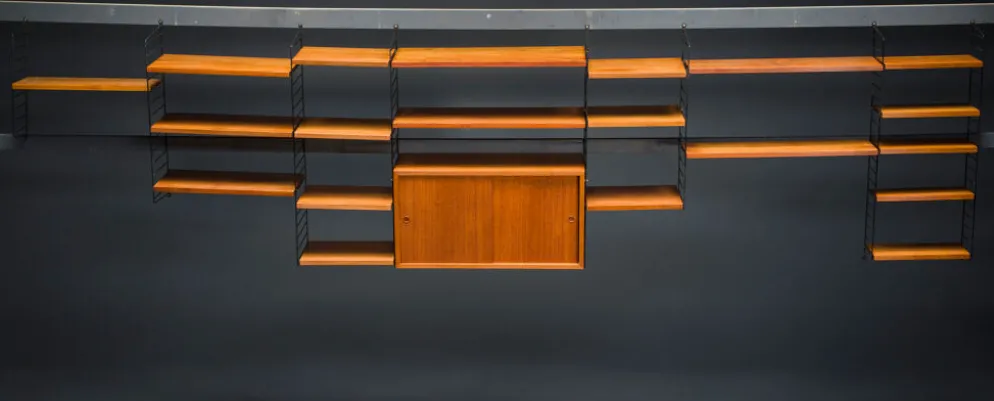 Étagère murale modulaire en teck par Nils Strinning pour corde, années 1960, ensemble de 29