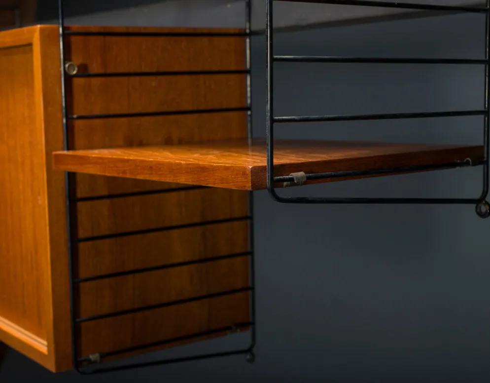 Étagère murale modulaire en teck par Nils Strinning pour corde, années 1960, ensemble de 29