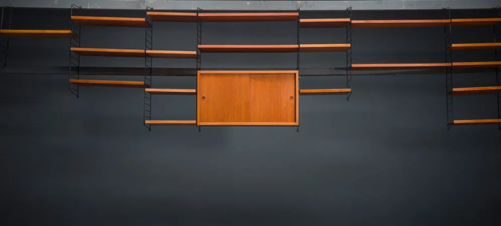 Étagère murale modulaire en teck par Nils Strinning pour corde, années 1960, ensemble de 29