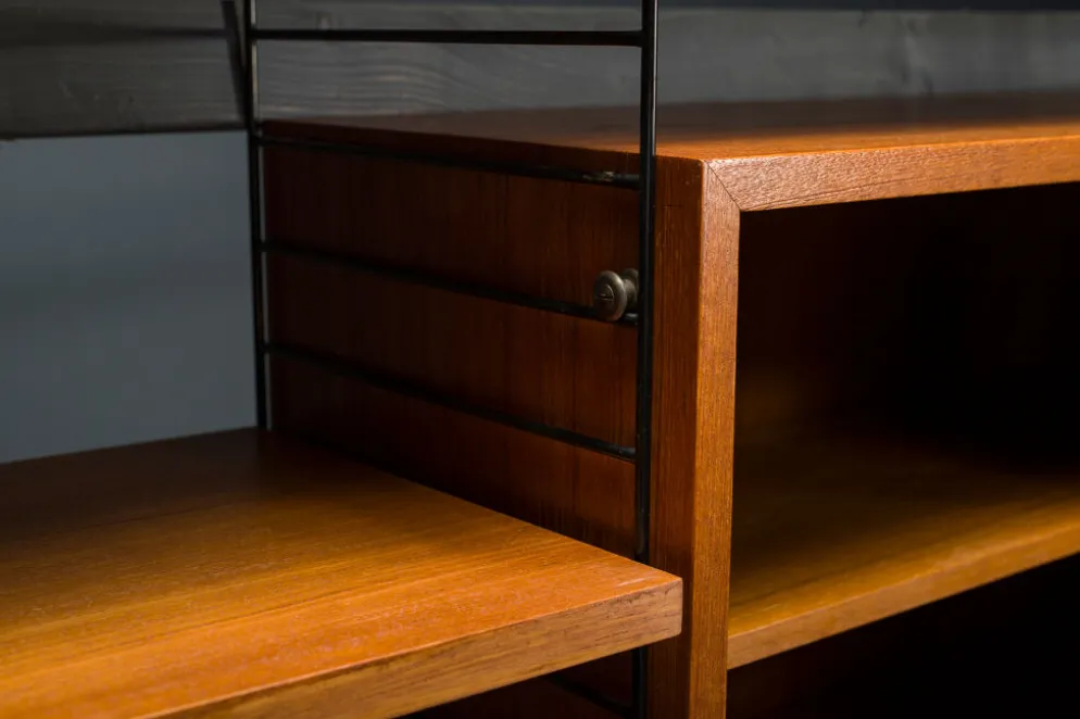 Étagère murale modulaire en teck par Nils Strinning pour corde, années 1960, ensemble de 29