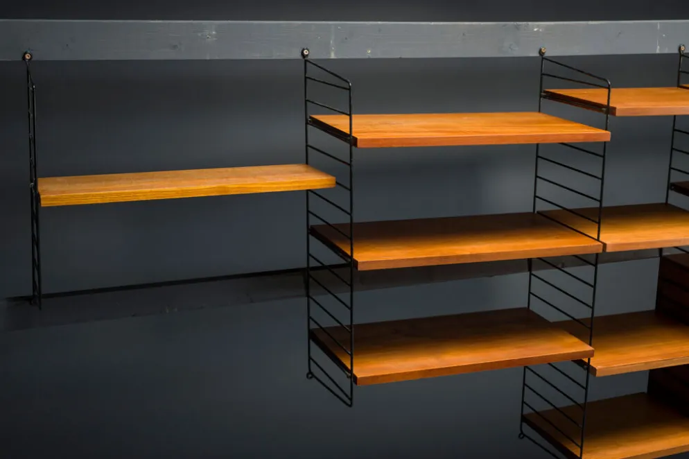 Étagère murale modulaire en teck par Nils Strinning pour corde, années 1960, ensemble de 29