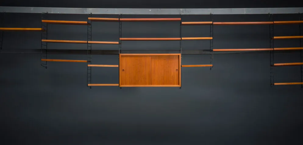 Étagère murale modulaire en teck par Nils Strinning pour corde, années 1960, ensemble de 29