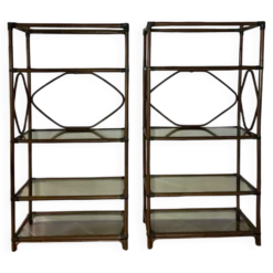 Étagères en rotin et verre fumé, 60s .