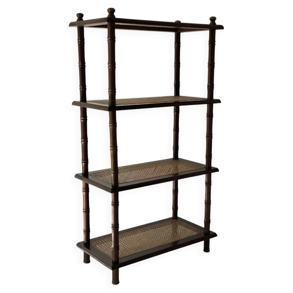 Étagère vintage bois et cannage style colonial 4 niveaux