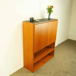 Étagère vintage combinée, en teck avec plateau noir, années 70
