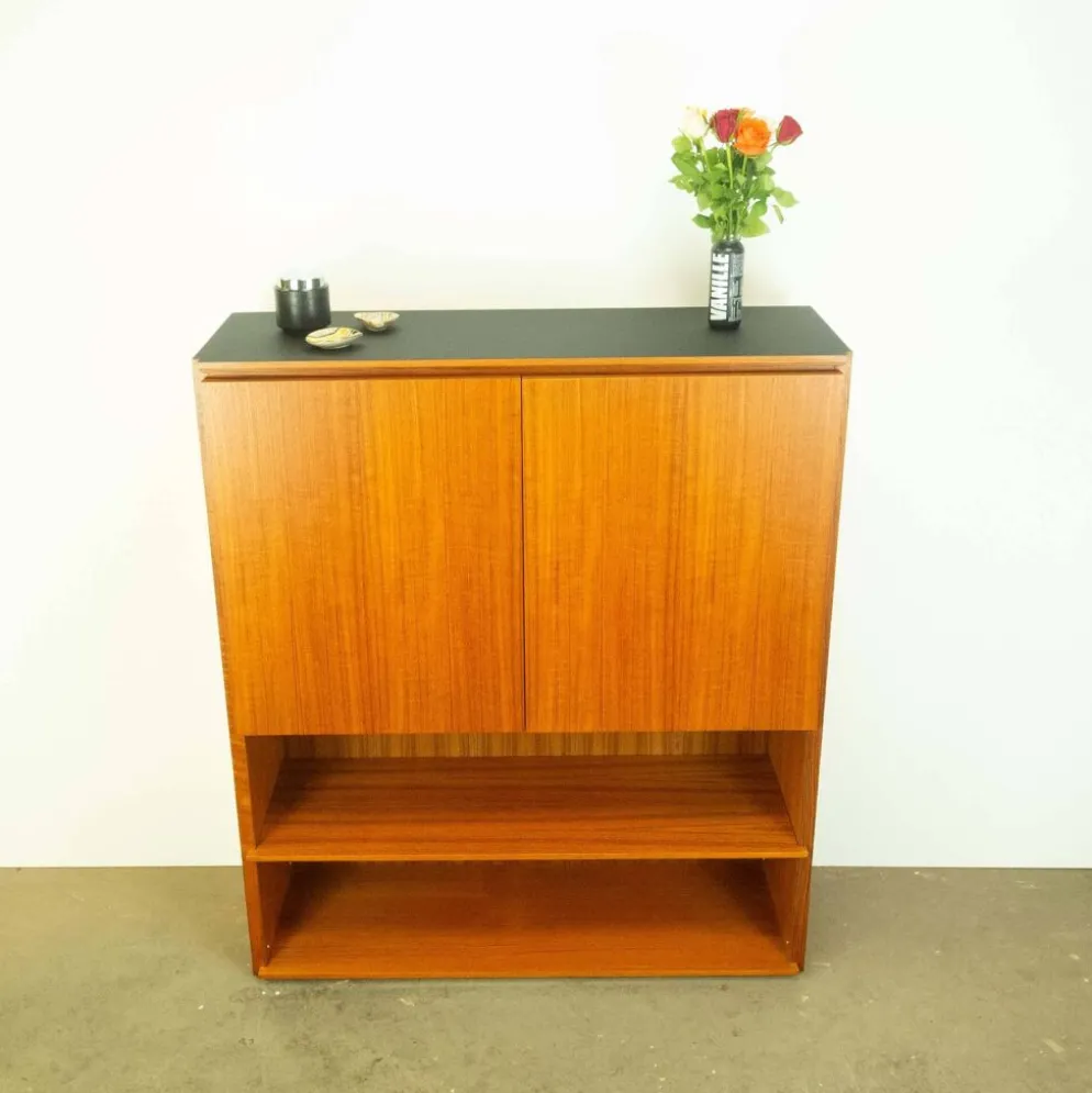 Étagère vintage combinée, en teck avec plateau noir, années 70