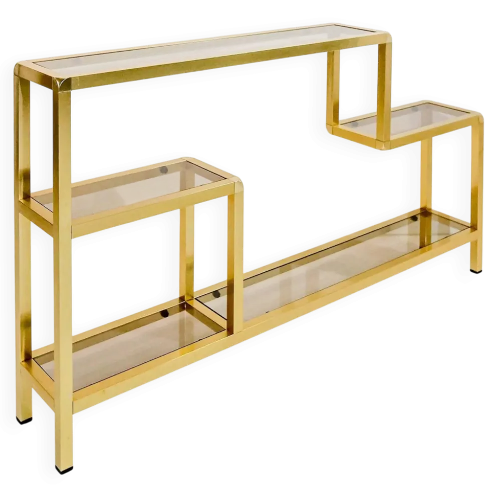 Étagère vintage en laiton et verre fumé
