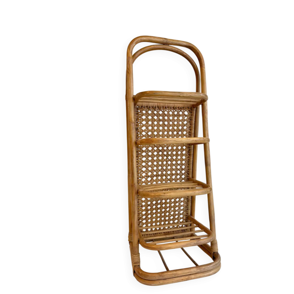 Étagère vintage en rotin et cannage – années 70