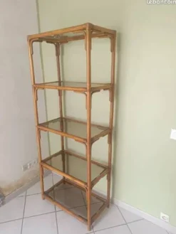 Étagère vintage rotin et verre fumé 5 étages