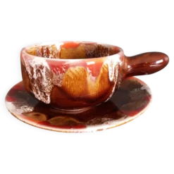 Tasse caquelon et soucoupe, déjeuner, Vallauris en céramique flammée