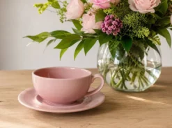 Tasse et soucoupe Salins France en faïence rose poudré – années 50-60