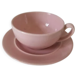 Tasse et soucoupe Salins France en faïence rose poudré – années 50-60