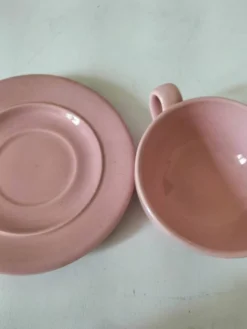 Tasse et soucoupe Salins France en faïence rose poudré – années 50-60