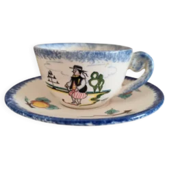 Tasse et soucoupe vintage en faïence HB Quimper – Décor Mont Saint-Michel