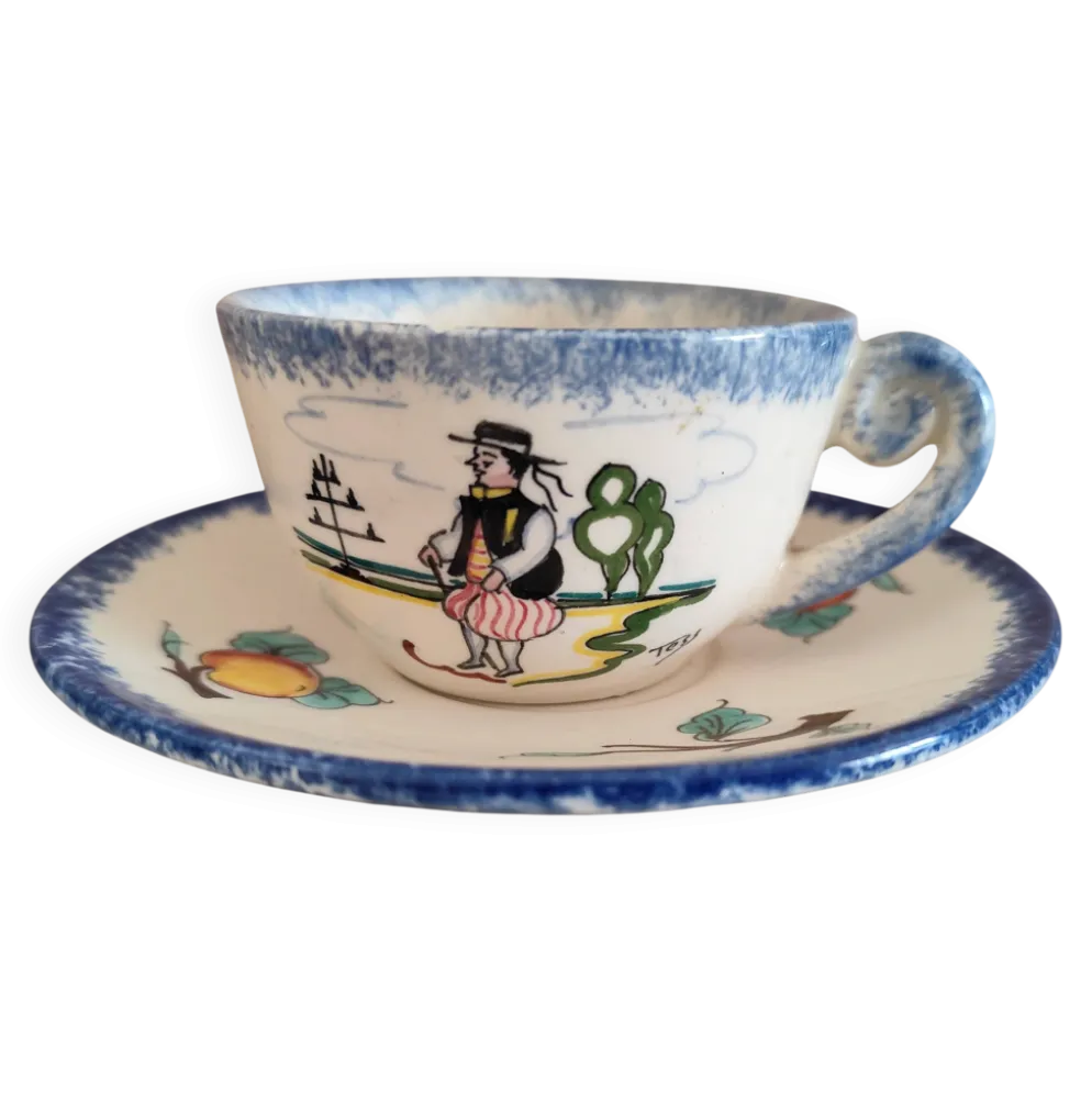 Tasse et soucoupe vintage en faïence HB Quimper – Décor Mont Saint-Michel