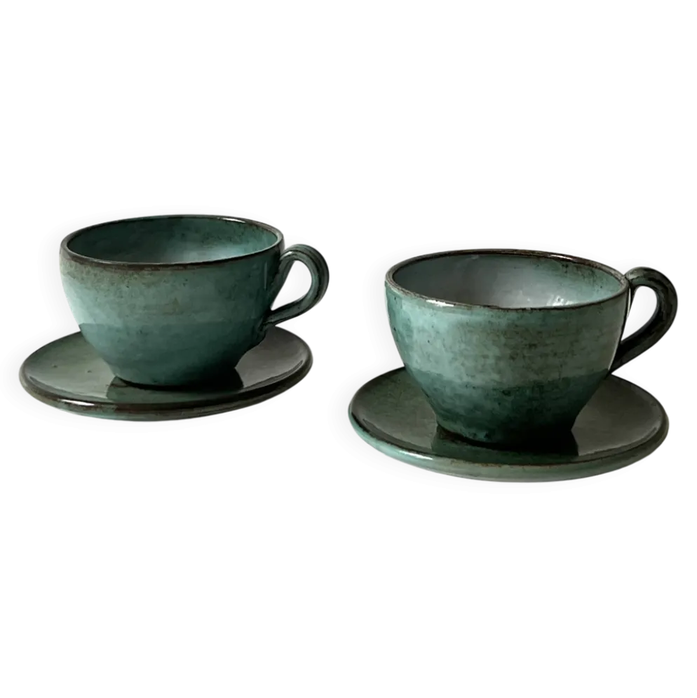 Tasses a café en céramique émaillée fait main et signée, La borne vers 1950