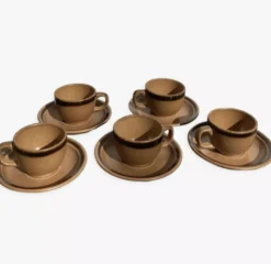 Tasses à café et sous tasses en grès vintage années 1970
