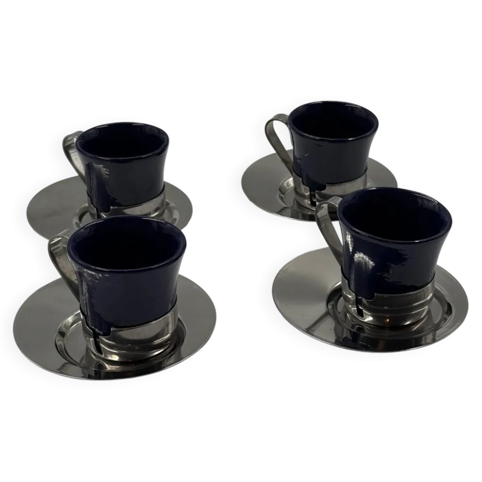 4 tasses à espresso avec supports chromés et soucoupes, Mid-Century Modern