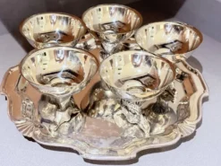 Tasses à liqueur en argent plaqué animal avec plateau de service assorti, ensemble de 6