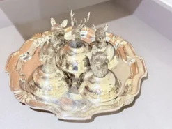 Tasses à liqueur en argent plaqué animal avec plateau de service assorti, ensemble de 6