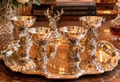 Tasses à liqueur en argent plaqué animal avec plateau de service assorti, ensemble de 6