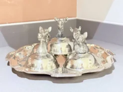 Tasses à liqueur en argent plaqué animal avec plateau de service assorti, ensemble de 6