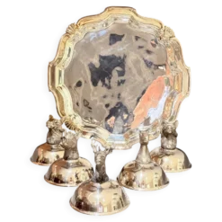 Tasses à liqueur en argent plaqué animal avec plateau de service assorti, ensemble de 6