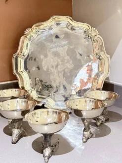 Tasses à liqueur en argent plaqué animal avec plateau de service assorti, ensemble de 6