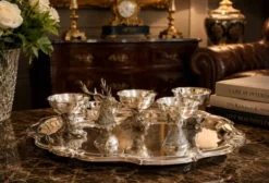 Tasses à liqueur en argent plaqué animal avec plateau de service assorti, ensemble de 6