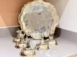 Tasses à liqueur en argent plaqué animal avec plateau de service assorti, ensemble de 6
