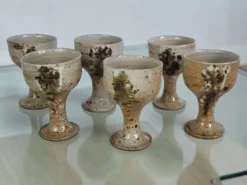 6 tasses à pied en grès, Poteries de Vézelay - Albert Breton