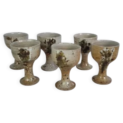 6 tasses à pied en grès, Poteries de Vézelay - Albert Breton
