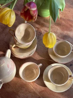 Tasses, sous tasses et sucrier en céramique Salernes Var, 1960