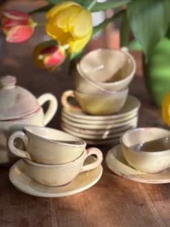 Tasses, sous tasses et sucrier en céramique Salernes Var, 1960